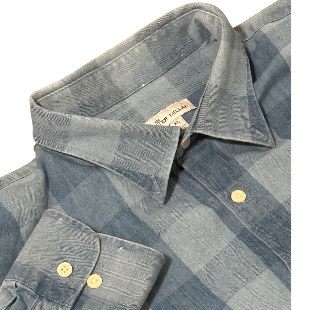Peter Millar XL Blue‎ Check Herringbone Tailored Fit Long Sleeve Shirt